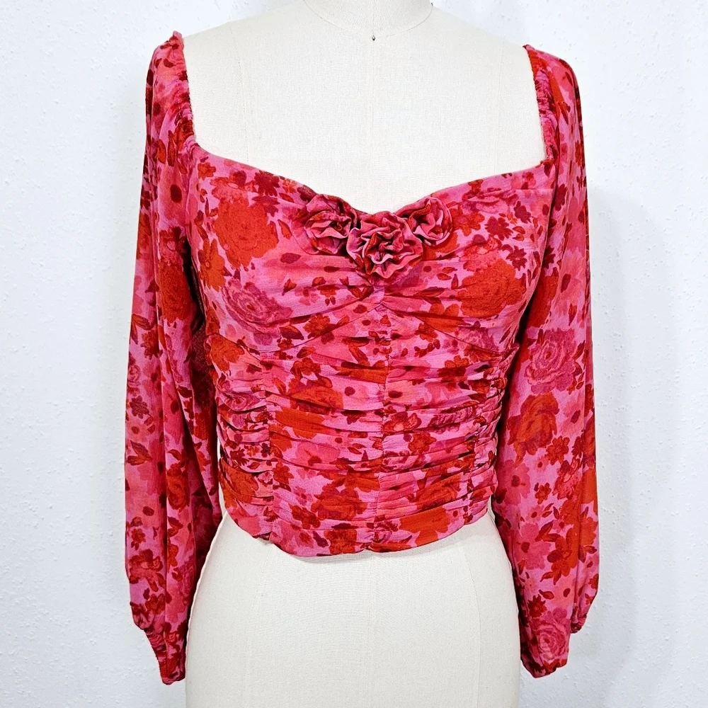 Free People Oh La La Floral Ruched Sweetheart Mesh Top Pink S